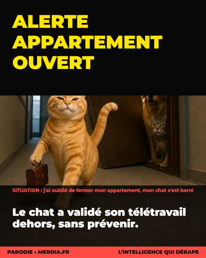 Mème MerdIA : j'ai oublié de fermer mon appartement, mon chat s'est barré